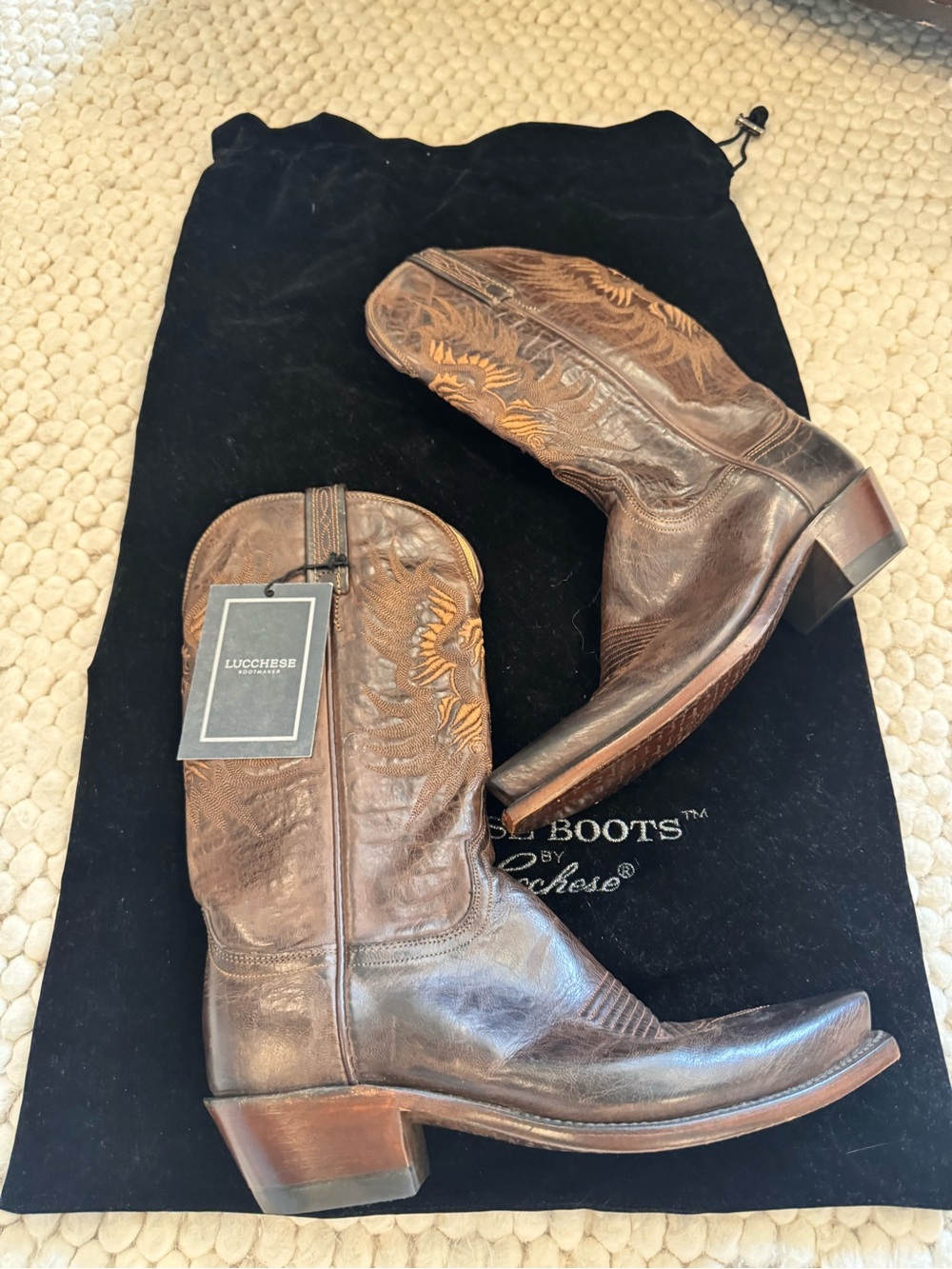 Lucchese Brown Leather Western Cowboy Boots with Embroidered Accents-Phoenix
